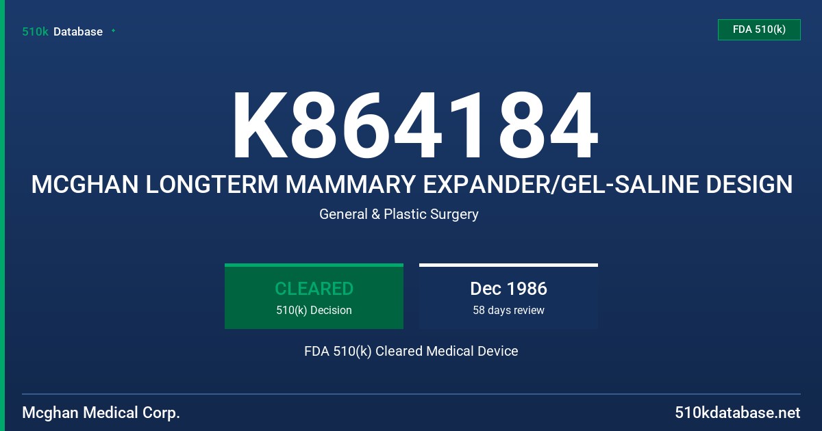 K864184 MCGHAN LONGTERM MAMMARY EXPANDER/GEL-SALINE DESIGN FDA 510(k) Cleared Medical Device