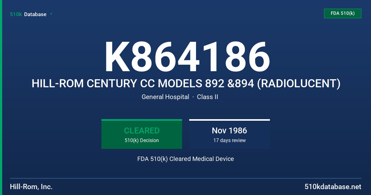 K864186 HILL-ROM CENTURY CC MODELS 892 &894 (RADIOLUCENT) FDA 510(k) Cleared Medical Device