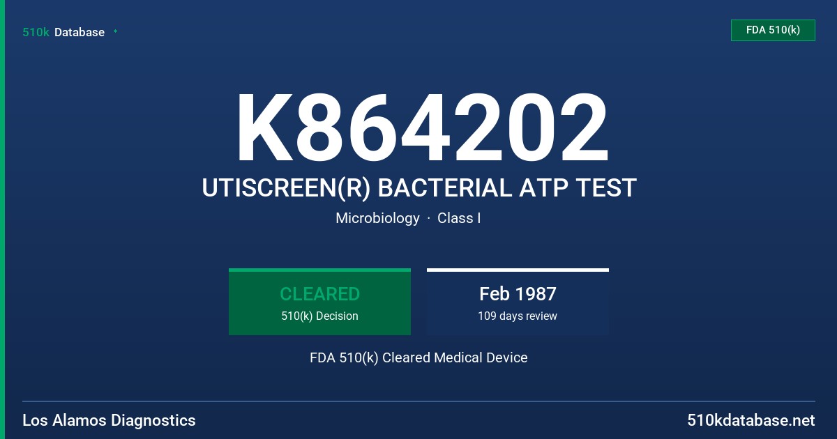 K864202 UTISCREEN(R) BACTERIAL ATP TEST FDA 510(k) Cleared Medical Device