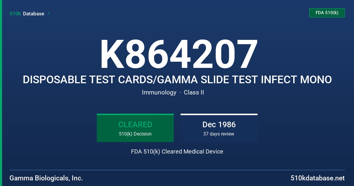 K864207 DISPOSABLE TEST CARDS/GAMMA SLIDE TEST INFECT MONO FDA 510(k) Cleared Medical Device
