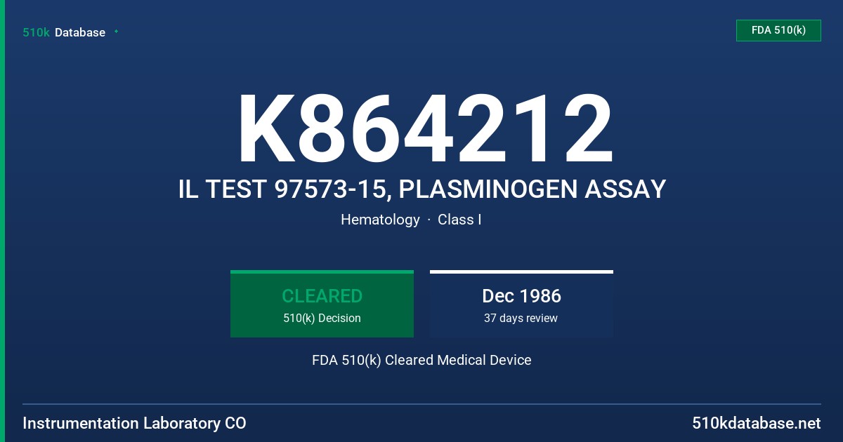K864212 IL TEST 97573-15, PLASMINOGEN ASSAY FDA 510(k) Cleared Medical Device