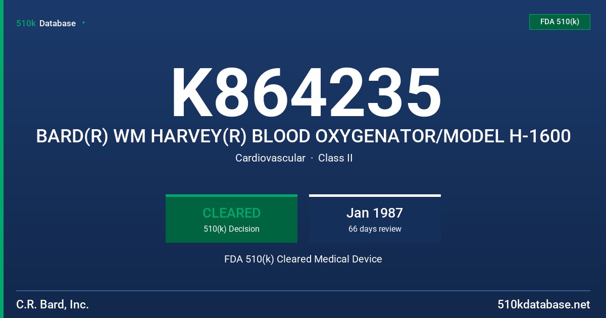 K864235 BARD(R) WM HARVEY(R) BLOOD OXYGENATOR/MODEL H-1600 FDA 510(k) Cleared Medical Device