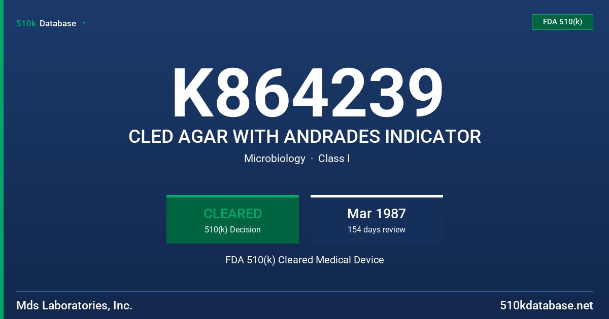 K864239 CLED AGAR WITH ANDRADES INDICATOR FDA 510(k) Cleared Medical Device