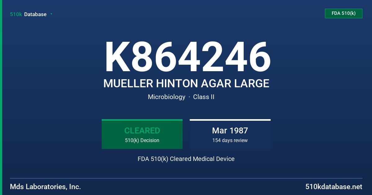K864246 MUELLER HINTON AGAR LARGE FDA 510(k) Cleared Medical Device