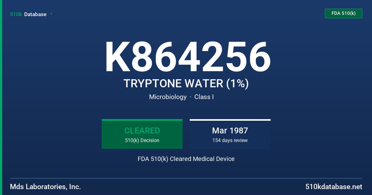 K864256 TRYPTONE WATER (1%) FDA 510(k) Cleared Medical Device