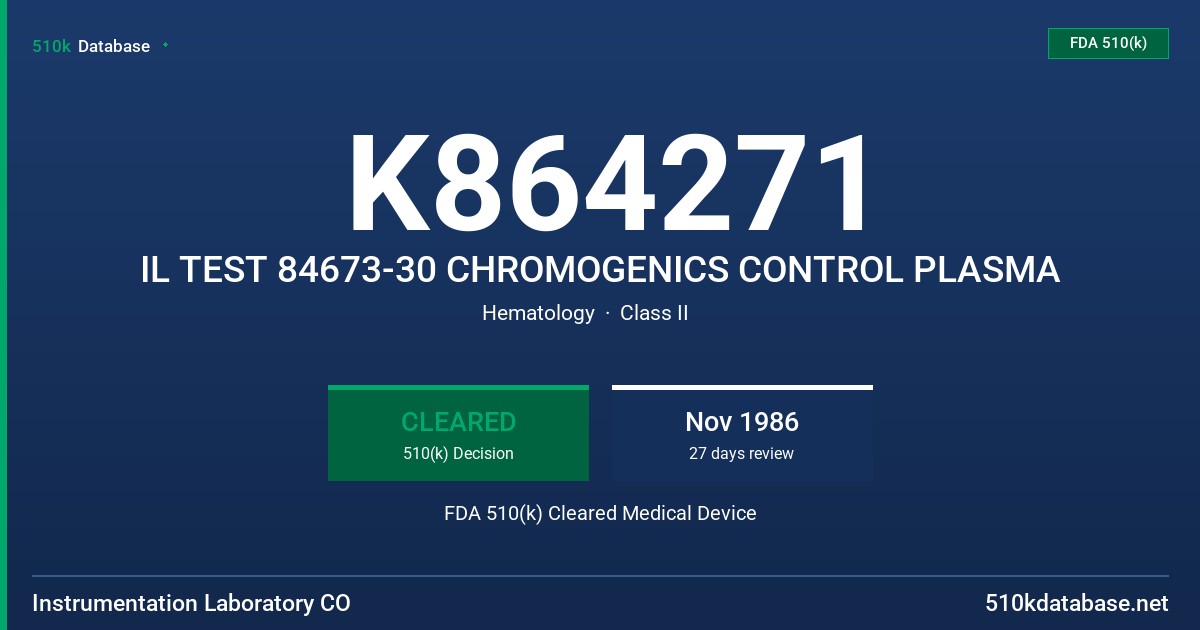 K864271 IL TEST 84673-30 CHROMOGENICS CONTROL PLASMA FDA 510(k) Cleared Medical Device