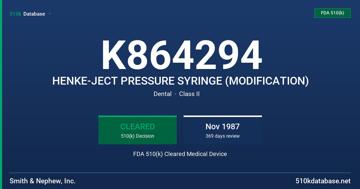 K864294 HENKE-JECT PRESSURE SYRINGE (MODIFICATION) FDA 510(k) Cleared Medical Device