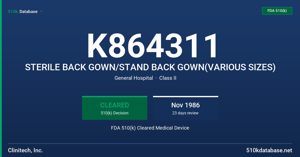 K864311 STERILE BACK GOWN/STAND BACK GOWN(VARIOUS SIZES) FDA 510(k) Cleared Medical Device