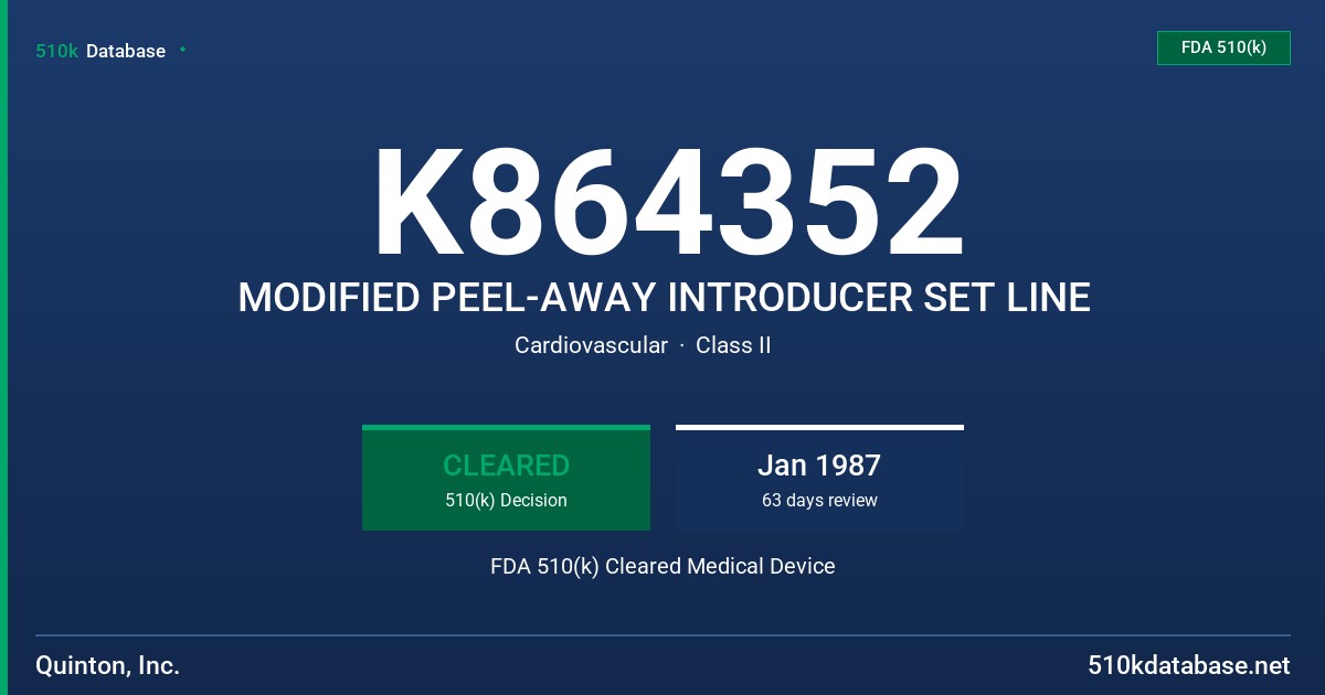 K864352 MODIFIED PEEL-AWAY INTRODUCER SET LINE FDA 510(k) Cleared Medical Device