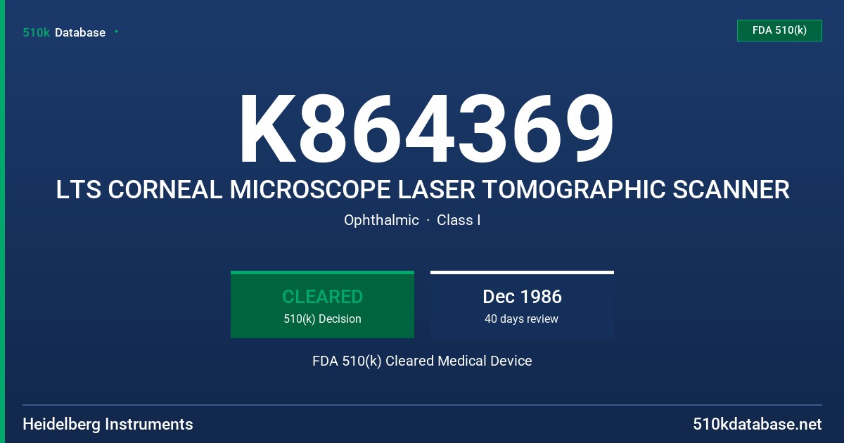 K864369 LTS CORNEAL MICROSCOPE LASER TOMOGRAPHIC SCANNER FDA 510(k) Cleared Medical Device