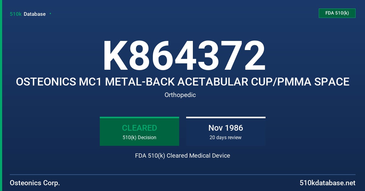 K864372 OSTEONICS MC1 METAL-BACK ACETABULAR CUP/PMMA SPACE FDA 510(k) Cleared Medical Device