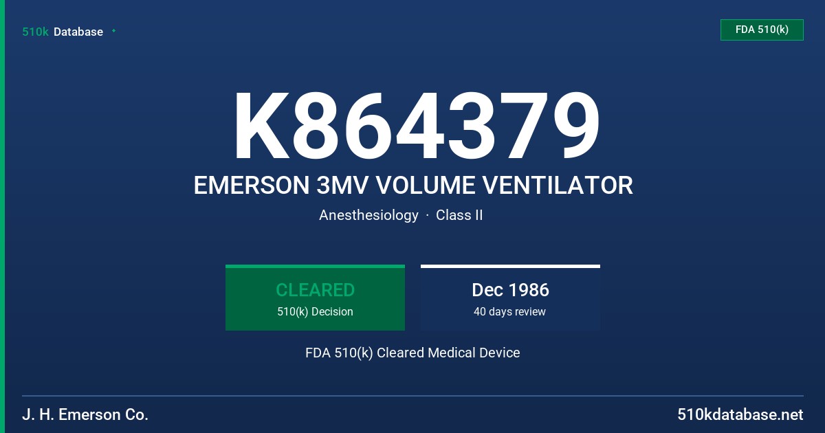 K864379 EMERSON 3MV VOLUME VENTILATOR FDA 510(k) Cleared Medical Device