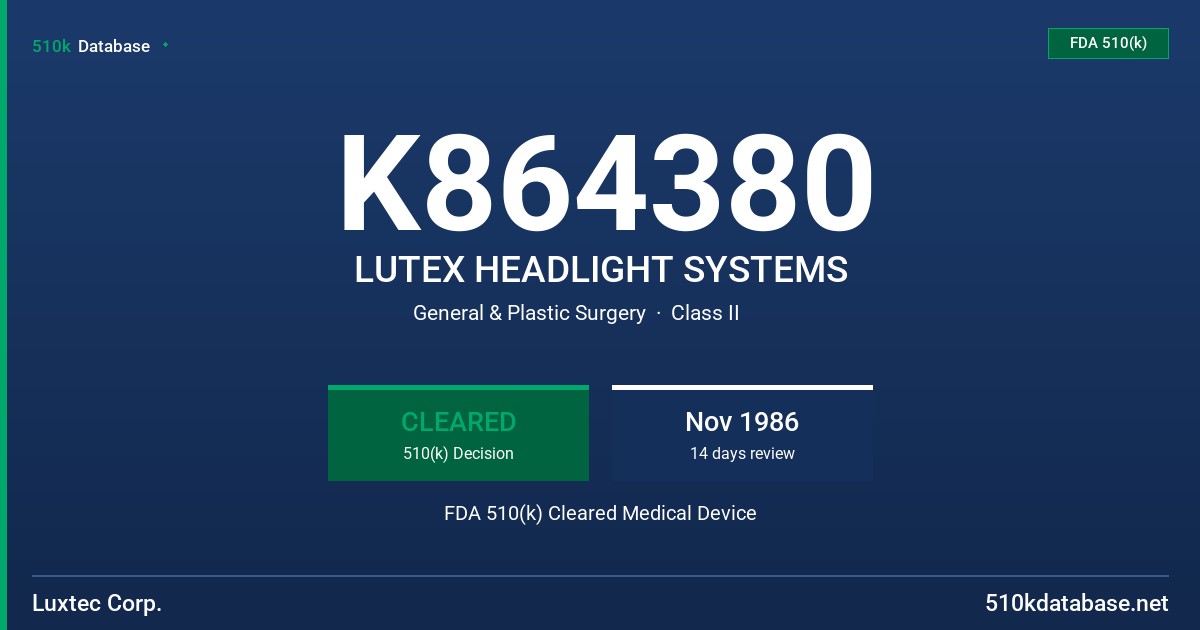 K864380 LUTEX HEADLIGHT SYSTEMS FDA 510(k) Cleared Medical Device