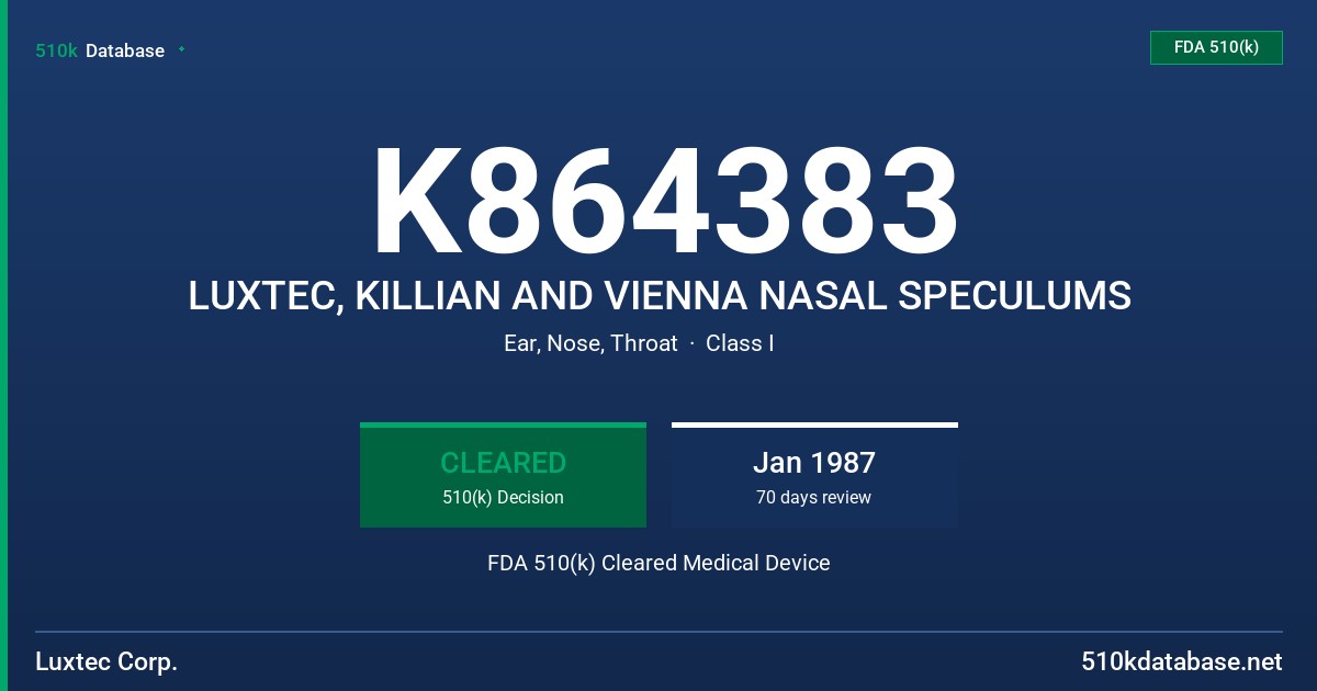 K864383 LUXTEC, KILLIAN AND VIENNA NASAL SPECULUMS FDA 510(k) Cleared Medical Device