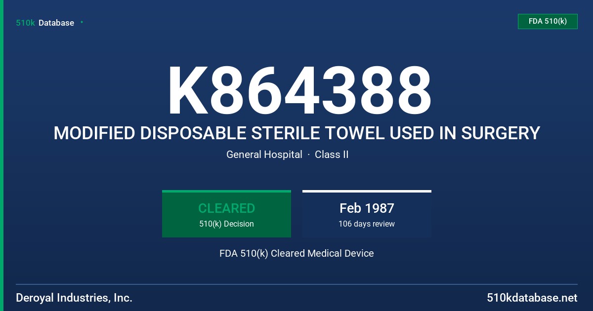 K864388 MODIFIED DISPOSABLE STERILE TOWEL USED IN SURGERY FDA 510(k) Cleared Medical Device