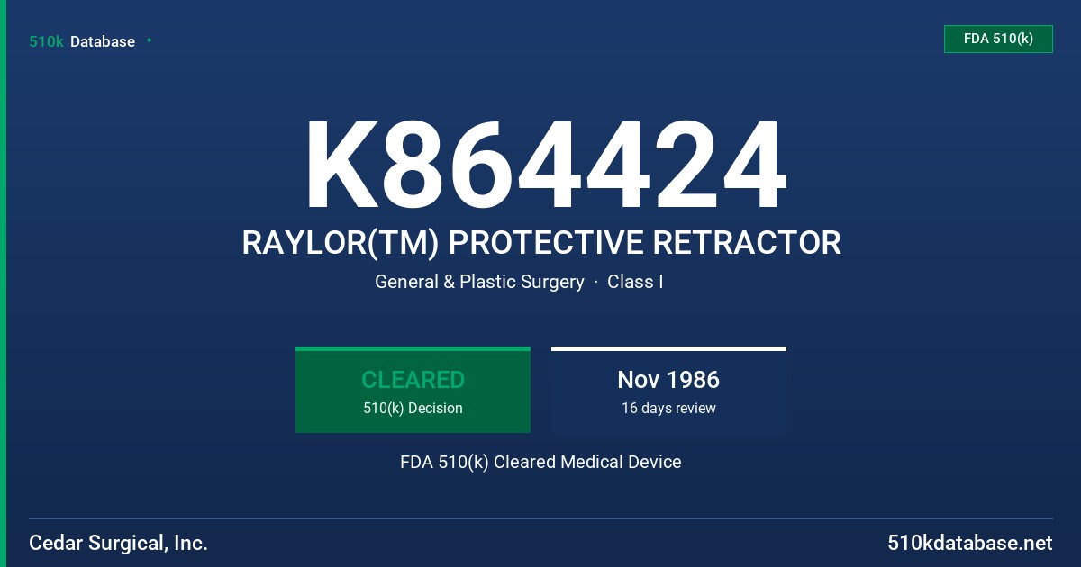 K864424 RAYLOR(TM) PROTECTIVE RETRACTOR FDA 510(k) Cleared Medical Device