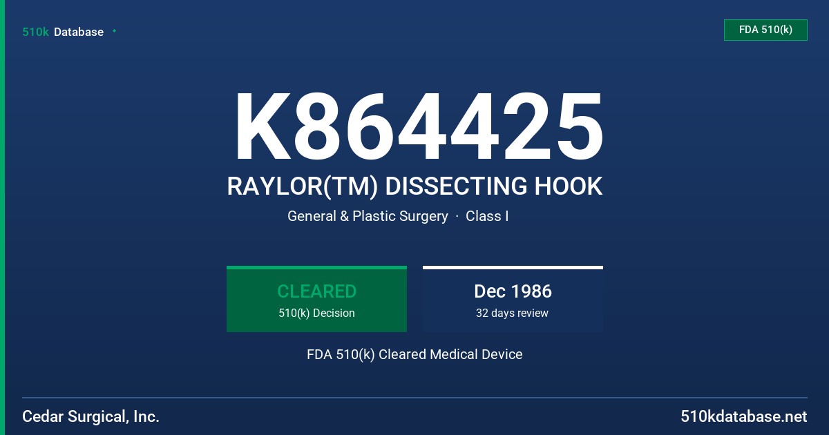 K864425 RAYLOR(TM) DISSECTING HOOK FDA 510(k) Cleared Medical Device