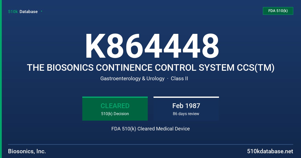 K864448 THE BIOSONICS CONTINENCE CONTROL SYSTEM CCS(TM) FDA 510(k) Cleared Medical Device