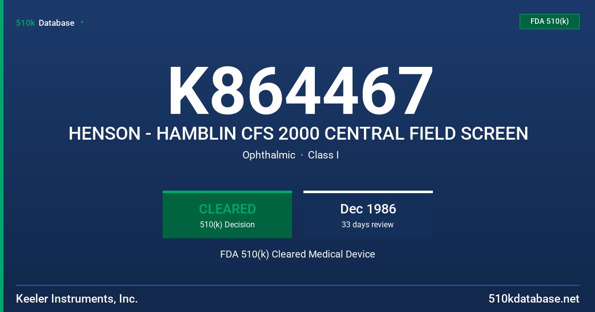 K864467 HENSON - HAMBLIN CFS 2000 CENTRAL FIELD SCREEN FDA 510(k) Cleared Medical Device