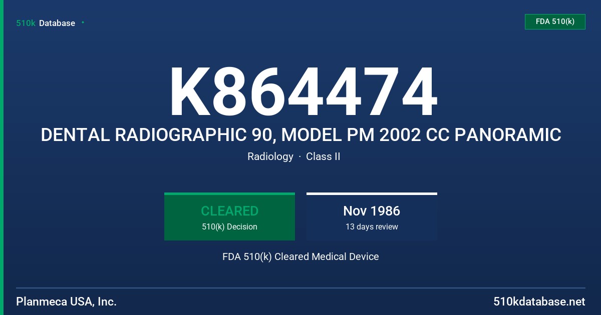 K864474 DENTAL RADIOGRAPHIC 90, MODEL PM 2002 CC PANORAMIC FDA 510(k) Cleared Medical Device