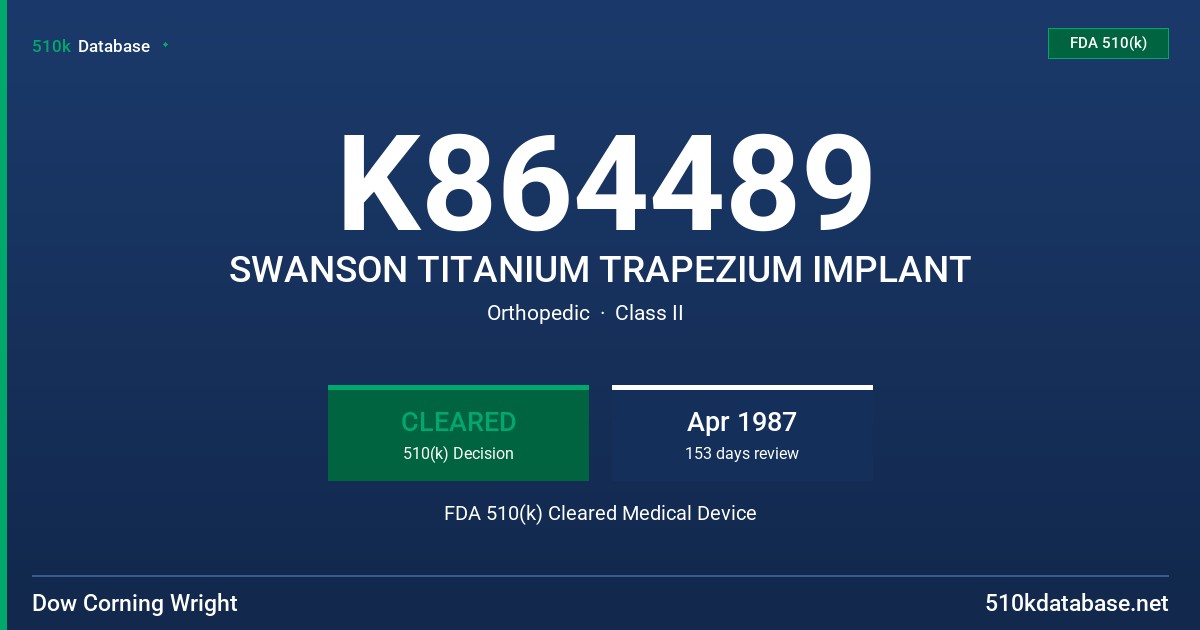 K864489 SWANSON TITANIUM TRAPEZIUM IMPLANT FDA 510(k) Cleared Medical Device