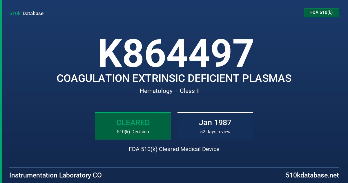 K864497 COAGULATION EXTRINSIC DEFICIENT PLASMAS FDA 510(k) Cleared Medical Device