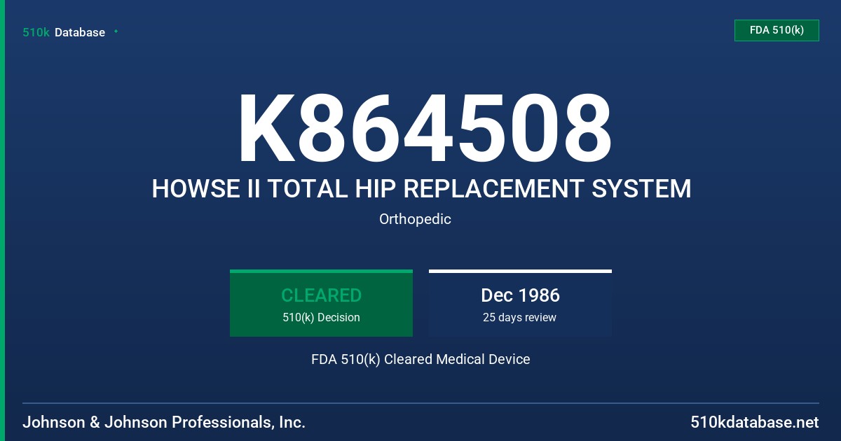K864508 HOWSE II TOTAL HIP REPLACEMENT SYSTEM FDA 510(k) Cleared Medical Device