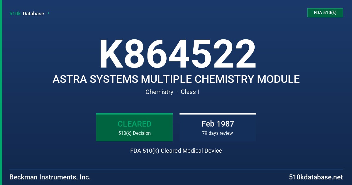 K864522 ASTRA SYSTEMS MULTIPLE CHEMISTRY MODULE FDA 510(k) Cleared Medical Device