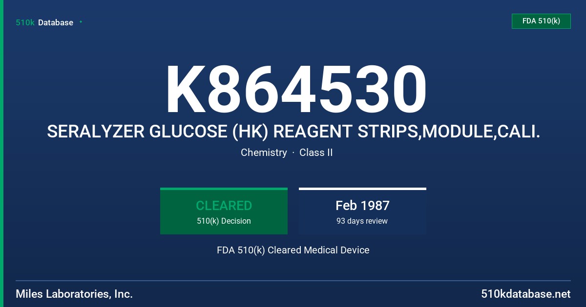 K864530 SERALYZER GLUCOSE (HK) REAGENT STRIPS,MODULE,CALI. FDA 510(k) Cleared Medical Device