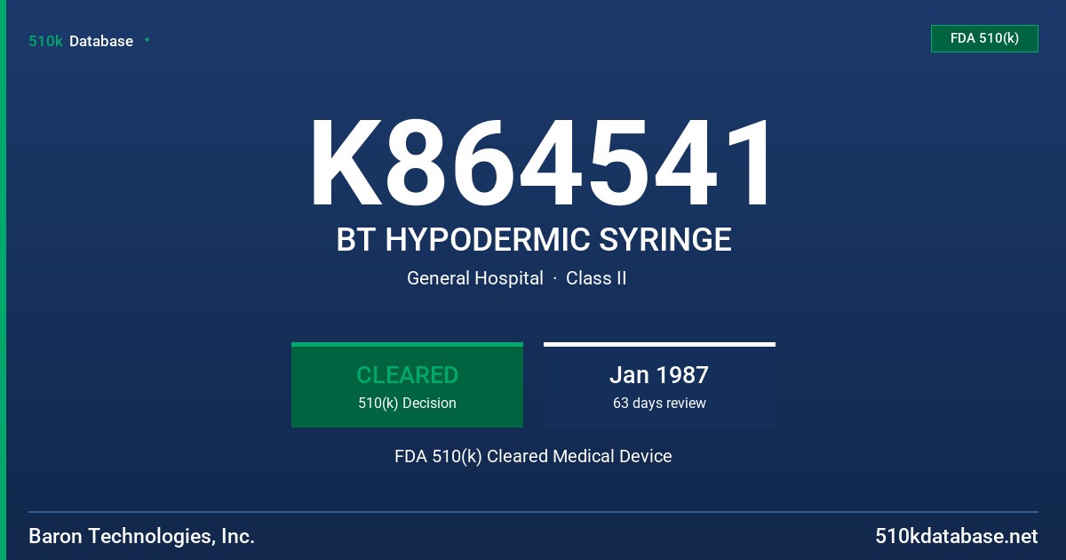 K864541 BT HYPODERMIC SYRINGE FDA 510(k) Cleared Medical Device
