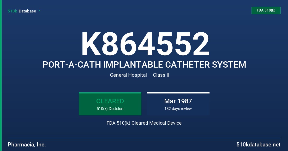 K864552 PORT-A-CATH IMPLANTABLE CATHETER SYSTEM FDA 510(k) Cleared Medical Device