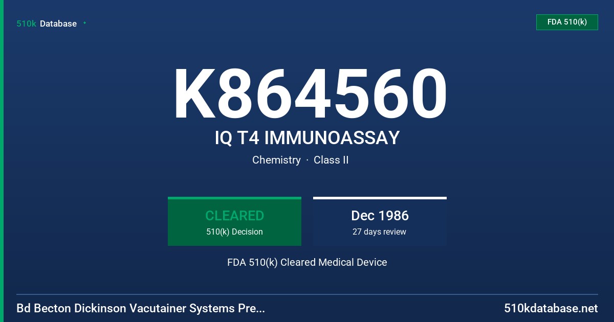 K864560 IQ T4 IMMUNOASSAY FDA 510(k) Cleared Medical Device