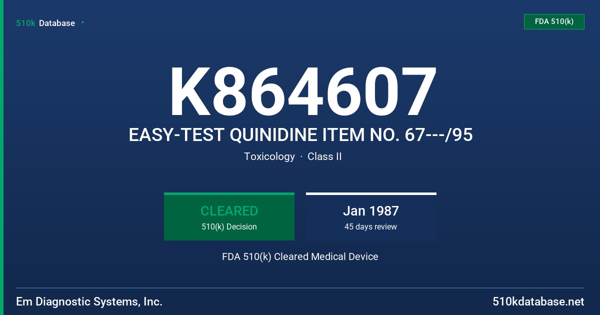 K864607 EASY-TEST QUINIDINE ITEM NO. 67---/95 FDA 510(k) Cleared Medical Device