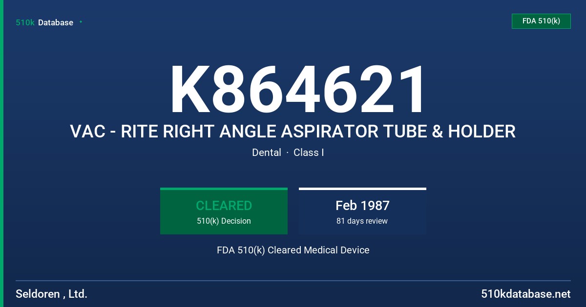 K864621 VAC - RITE RIGHT ANGLE ASPIRATOR TUBE & HOLDER FDA 510(k) Cleared Medical Device