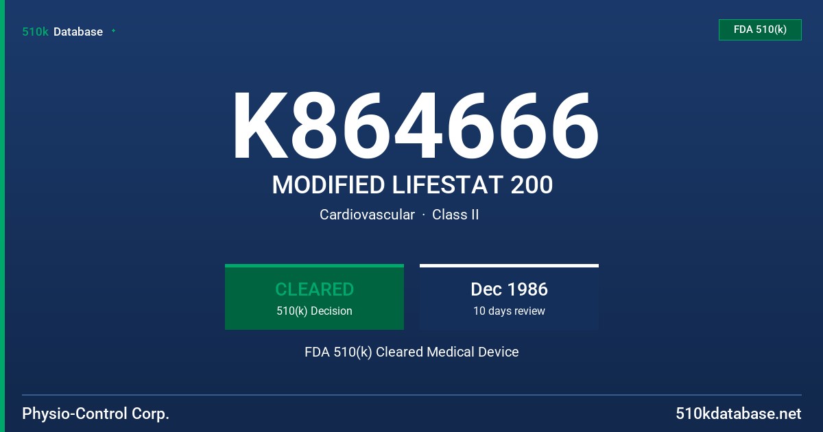 K864666 MODIFIED LIFESTAT 200 FDA 510(k) Cleared Medical Device