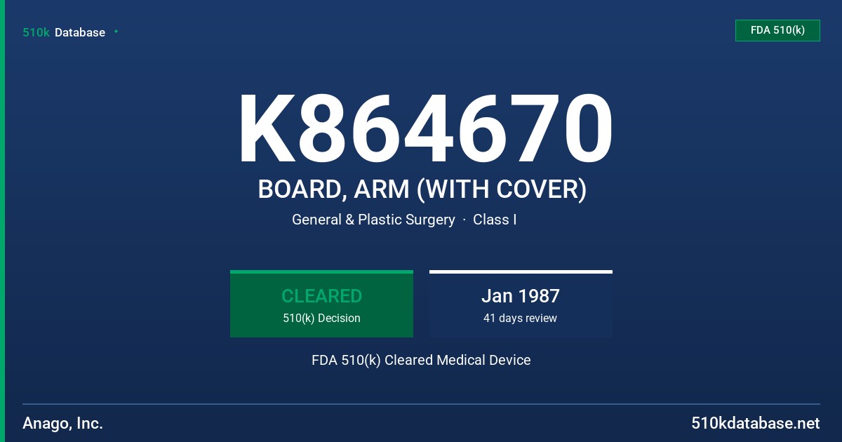 K864670 BOARD, ARM (WITH COVER) FDA 510(k) Cleared Medical Device