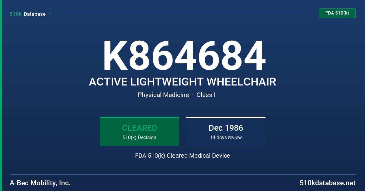 K864684 ACTIVE LIGHTWEIGHT WHEELCHAIR FDA 510(k) Cleared Medical Device