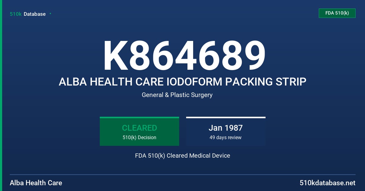 K864689 ALBA HEALTH CARE IODOFORM PACKING STRIP FDA 510(k) Cleared Medical Device
