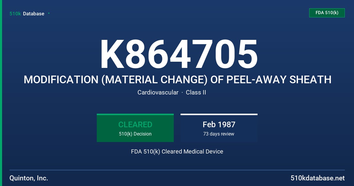 K864705 MODIFICATION (MATERIAL CHANGE) OF PEEL-AWAY SHEATH FDA 510(k) Cleared Medical Device
