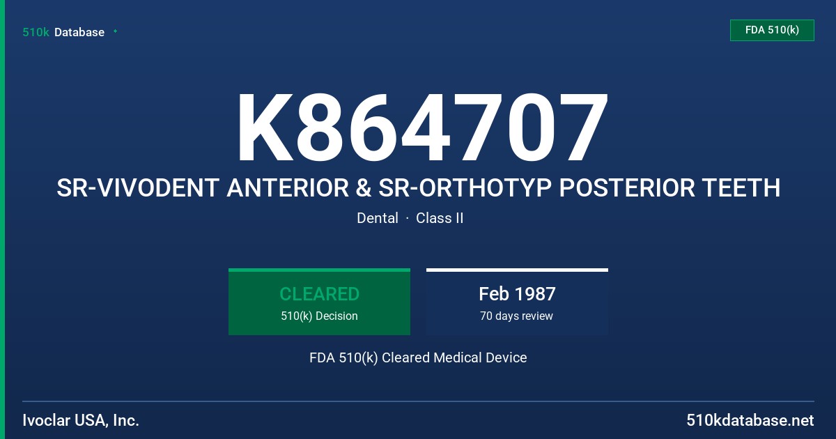 K864707 SR-VIVODENT ANTERIOR & SR-ORTHOTYP POSTERIOR TEETH FDA 510(k) Cleared Medical Device