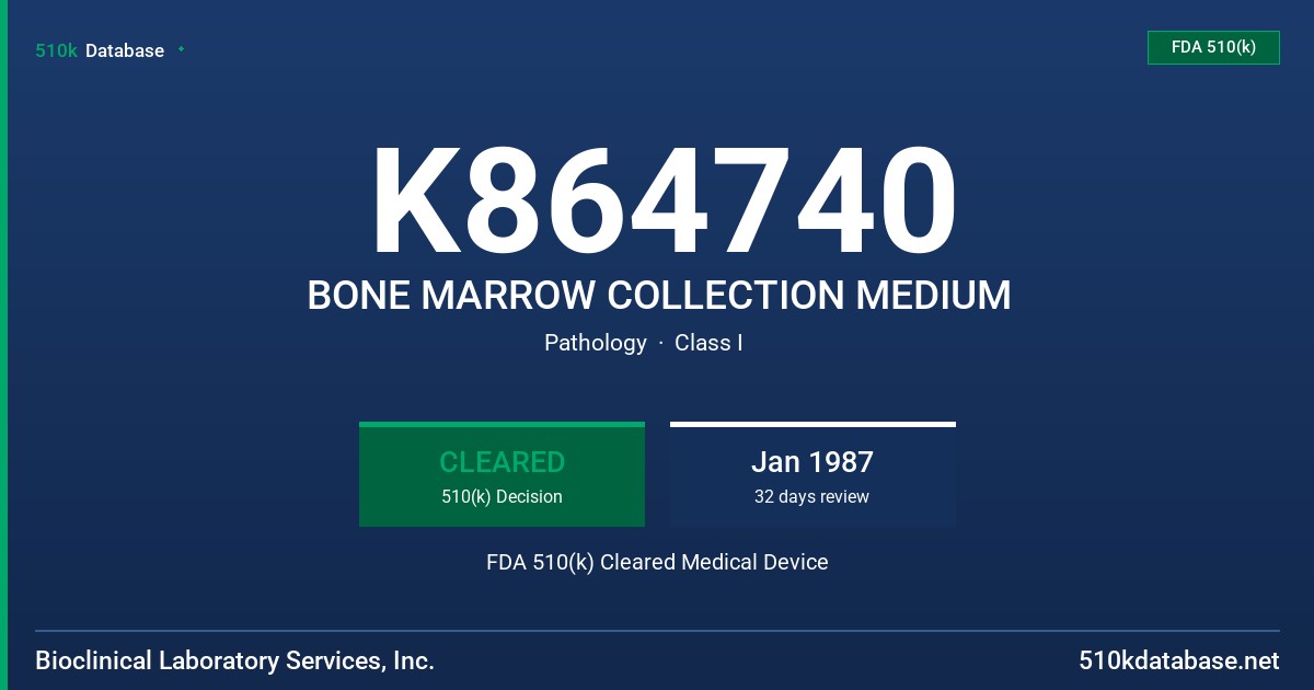 K864740 BONE MARROW COLLECTION MEDIUM FDA 510(k) Cleared Medical Device