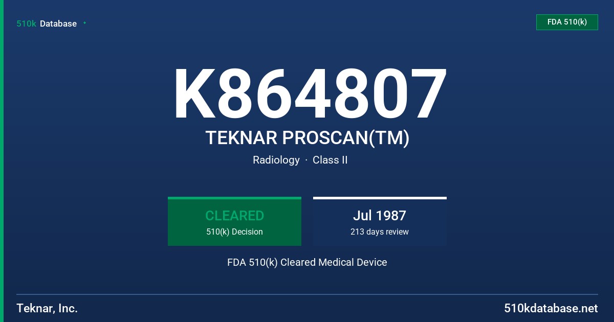 K864807 TEKNAR PROSCAN(TM) FDA 510(k) Cleared Medical Device
