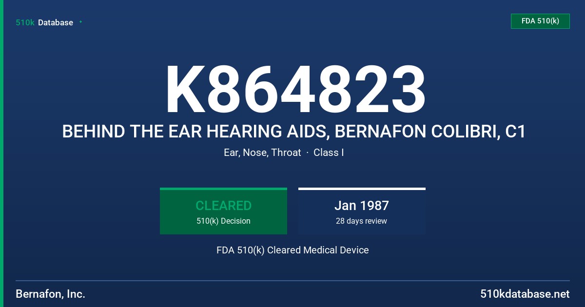 K864823 BEHIND THE EAR HEARING AIDS, BERNAFON COLIBRI, C1 FDA 510(k) Cleared Medical Device