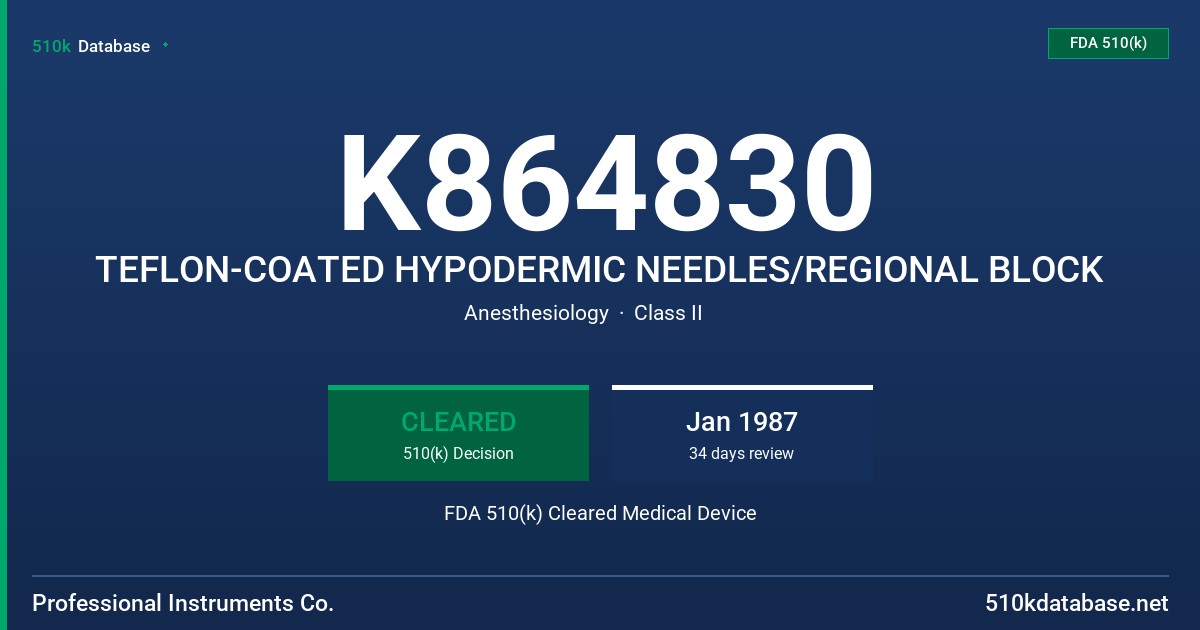 K864830 TEFLON-COATED HYPODERMIC NEEDLES/REGIONAL BLOCK FDA 510(k) Cleared Medical Device