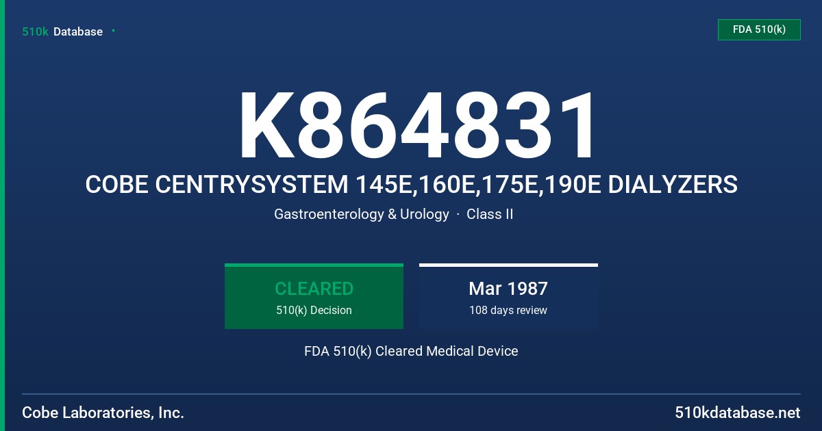 K864831 COBE CENTRYSYSTEM 145E,160E,175E,190E DIALYZERS FDA 510(k) Cleared Medical Device