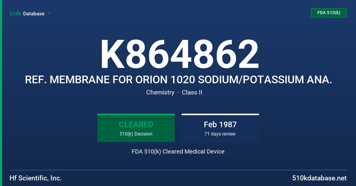 K864862 REF. MEMBRANE FOR ORION 1020 SODIUM/POTASSIUM ANA. FDA 510(k) Cleared Medical Device