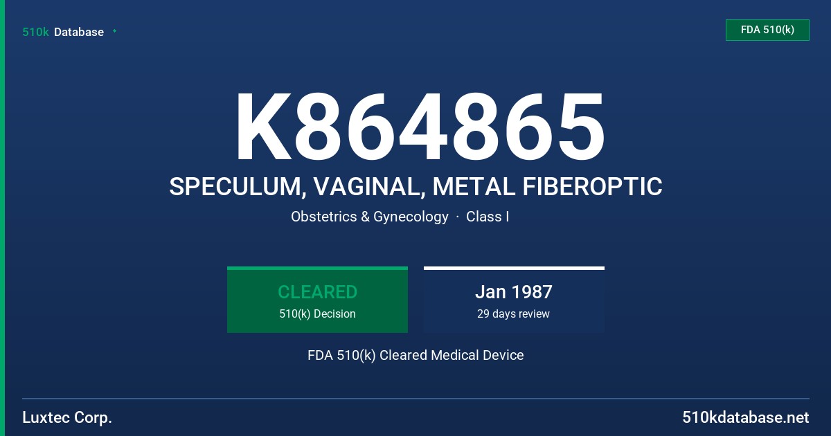 K864865 SPECULUM, VAGINAL, METAL FIBEROPTIC FDA 510(k) Cleared Medical Device