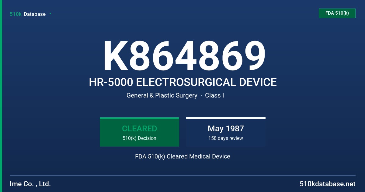 K864869 HR-5000 ELECTROSURGICAL DEVICE FDA 510(k) Cleared Medical Device