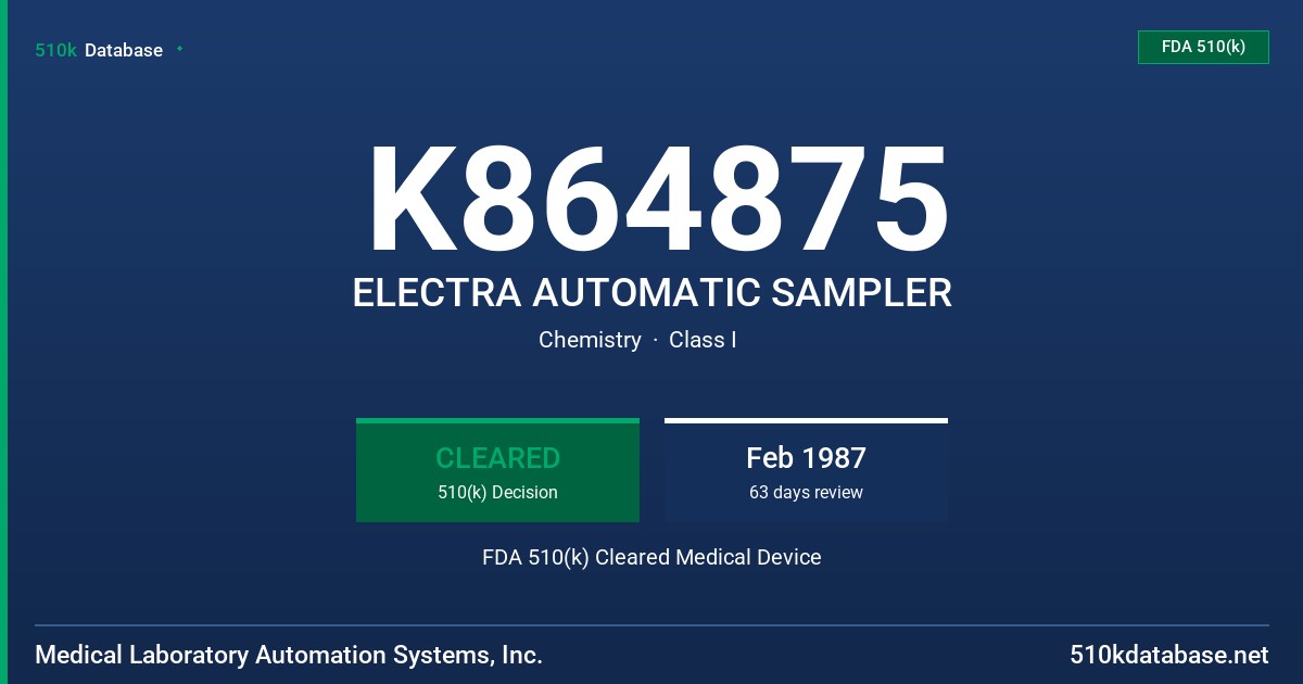 K864875 ELECTRA AUTOMATIC SAMPLER FDA 510(k) Cleared Medical Device