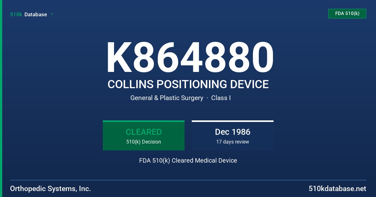 K864880 COLLINS POSITIONING DEVICE FDA 510(k) Cleared Medical Device